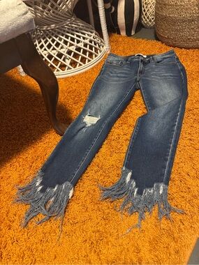 KanCan Dark Blue Distressed Fringe Hem Wide Leg Jeans